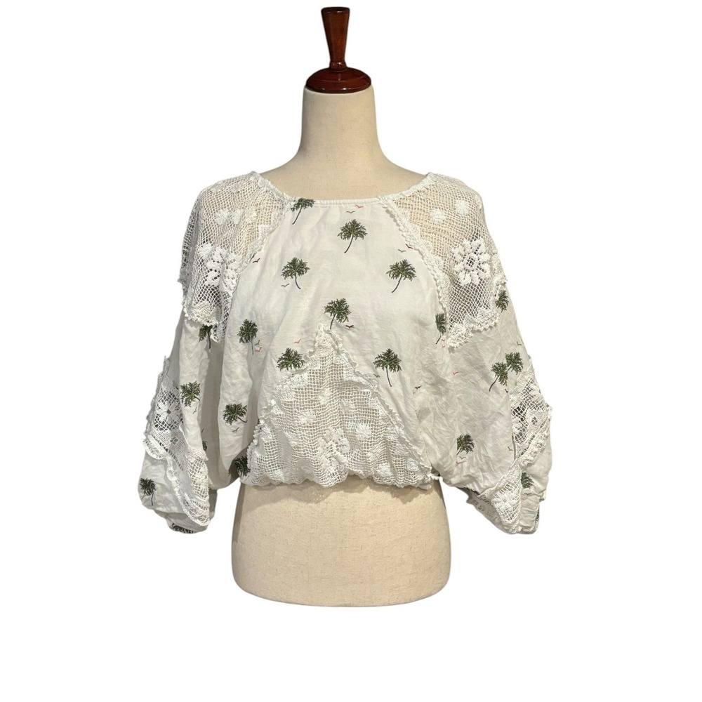 FREE PEOPLE Linen Cotton Crochet White Balloon Sleeve Open Tie Back Size S $138